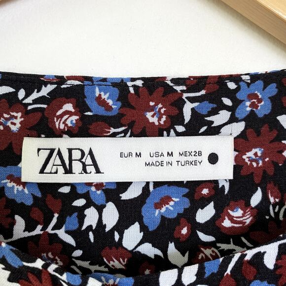 Zara Floral Button Long Sleeve Midi Swing Dress in Wine Red & Blue Medium - Picture 7 of 10